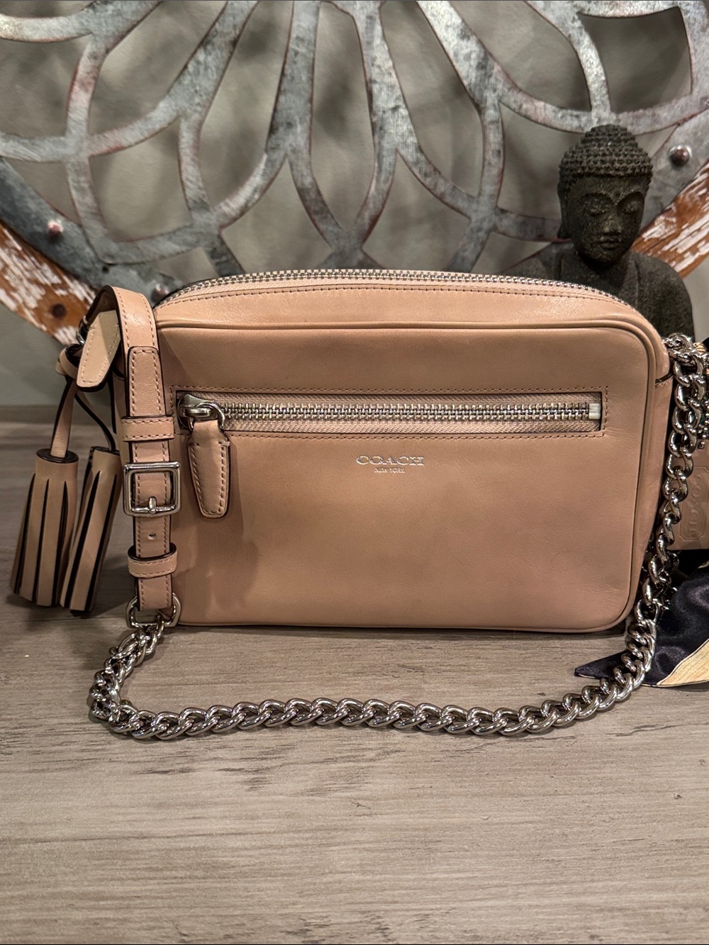Coach Leather Crossbody Bag in Taupe with Silver Chain & Free bag Scarf